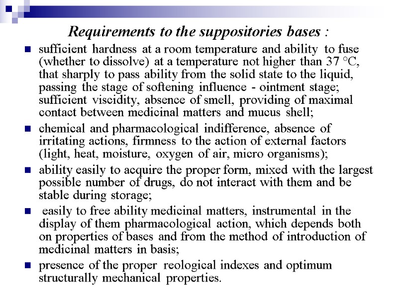 Requirements to the suppositories bases : sufficient hardness at a room temperature and ability